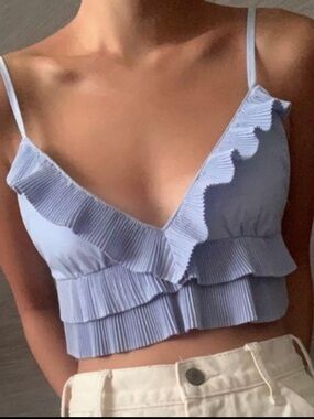 NWT ZARA Ruffled Tiered Pleated Mini Bralette Baby Blue SZ: L